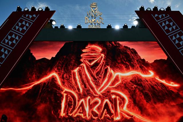 The Dakar logo is pictured during the 48th edition of the Dakar Rally 2026 in Yanbu, Saudi Arabia, on January 16, 2026. (Photo by Giuseppe CACACE / AFP)
