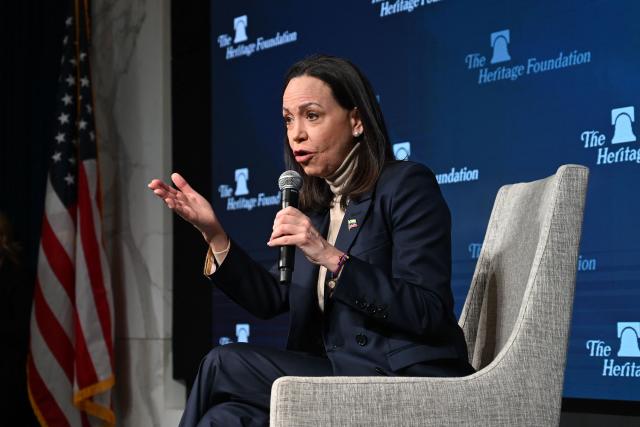 Venezuelan opposition leader and Nobel Peace Prize winner Maria Corina Machado speaks during a news conference at the Heritage Foundation headquarters in Washington, DC on January 16, 2026. Venezuelan opposition leader Maria Corina Machado said on January 15, she "presented" her Nobel Peace Prize medal to Donald Trump, in a bid to win over the US president who had sidelined her since overthrowing Nicolas Maduro. Her "wonderful gesture of mutual respect," as Trump called it Thursday, comes after the Republican said the award should have gone to him instead -- and after he refused to back Machado following the January 3 US military operation to capture Maduro. (Photo by Alex WROBLEWSKI / AFP)