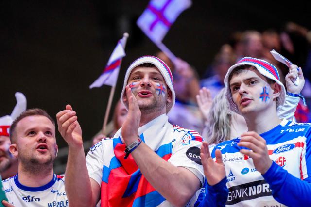 Faroe Islands fans cheer prior to the men's EHF Euro 2026 preliminary round handball match Faroe Islands vs Switzerland at the Unity Arena in Fornebu near Oslo on January 16, 2026. (Photo by Cornelius Poppe / NTB / AFP) / Norway OUT