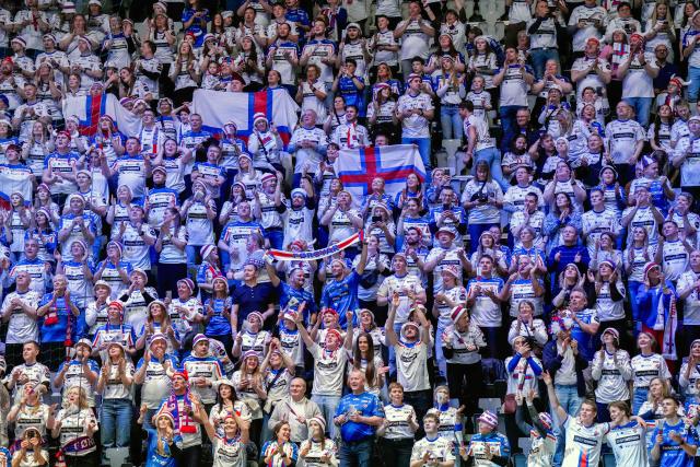 Faroe Islands fans cheer prior to the men's EHF Euro 2026 preliminary round handball match Faroe Islands vs Switzerland at the Unity Arena in Fornebu near Oslo on January 16, 2026. (Photo by Cornelius Poppe / NTB / AFP) / Norway OUT