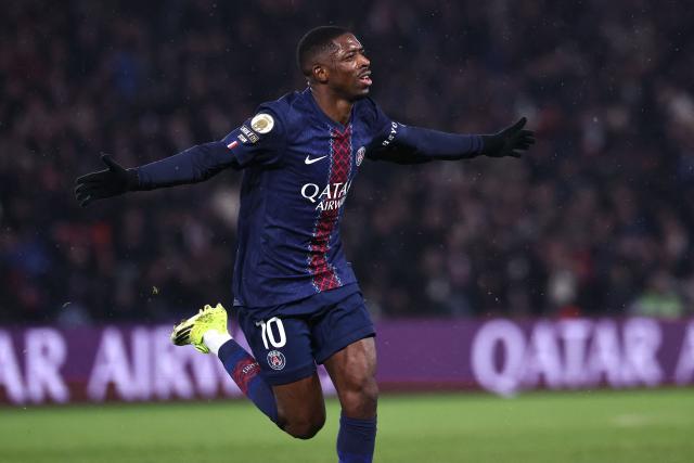 Paris Saint-Germain's French forward #10 Ousmane Dembele celebrates after scoring Paris Saint-Germain's first goal during the French L1 football match between Paris Saint-Germain (PSG) and Lille LOSC at the Parc des Princes stadium in Paris on January 16, 2026. (Photo by Anne-Christine POUJOULAT / AFP)