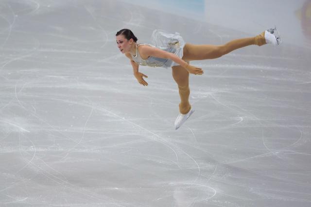 Cyprus' Stefania Yakovleva performs during the women's free skating discipline on day four of the ISU Figure Ice Skating European Championships in Sheffield, northern England on January 16, 2026. (Photo by Ian HODGSON / AFP)