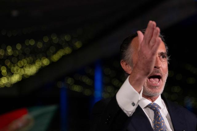 Liberal Initiative Party candidate for Portugal’s presidency, Joao Cotrim Figueiredo, speaks during a campaign dinner in Braga, northern Portugal, on January 16, 2026. Portugal will hold presidential elections on 18 January. (Photo by MIGUEL RIOPA / AFP)