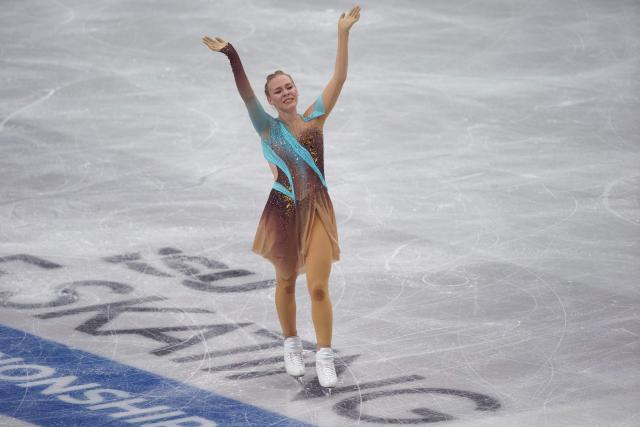 Estonia's Niina Petrokina reacts to her winning performance in the women's free skating discipline on day four of the ISU Figure Ice Skating European Championships in Sheffield, northern England on January 16, 2026. (Photo by Ian HODGSON / AFP)