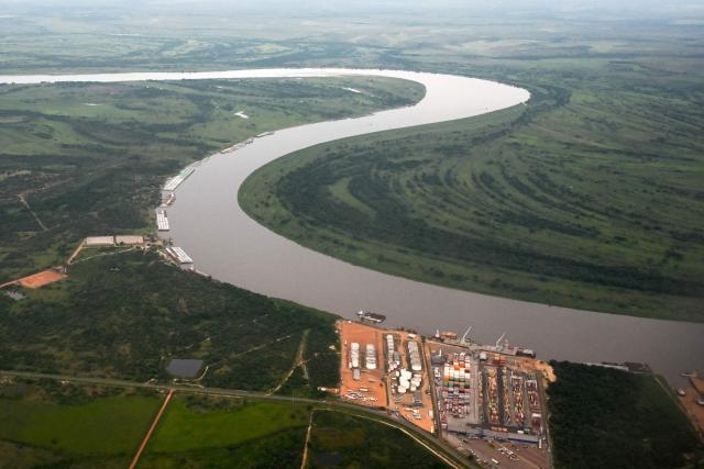 Aerial view of a port on the Paraguay river, near Asuncion on January 16, 2026. (Photo by Luis ROBAYO / AFP)