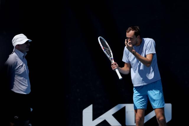Russia's Daniil Medvedev attends a practice session ahead of the 2026 Australian Open tennis tournament in Melbourne on January 17, 2026. (Photo by Martin KEEP / AFP)