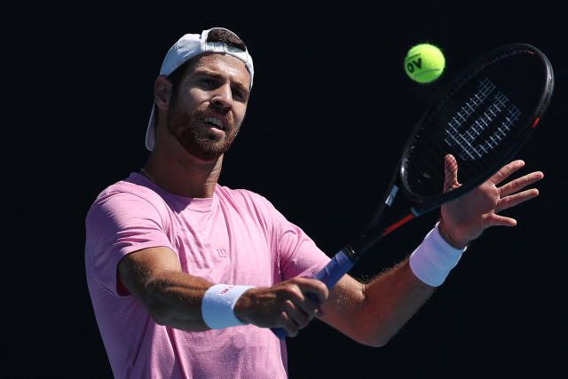 Russia's Karen Khachanov attends a practice session ahead of the 2026 Australian Open tennis tournament in Melbourne on January 17, 2026. (Photo by Martin KEEP / AFP)