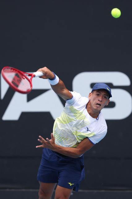 Argentina's Sebastian Baez hits a return against Czech Republic's Jakub Mensik during their men's singles final match at the ATP Auckland Classic tennis tournament in Auckland on January 17, 2026. (Photo by Michael Bradley / AFP)
