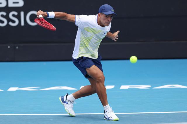 Argentina's Sebastian Baez hits a return against Czech Republic's Jakub Mensik during their men's singles final match at the ATP Auckland Classic tennis tournament in Auckland on January 17, 2026. (Photo by Michael Bradley / AFP)