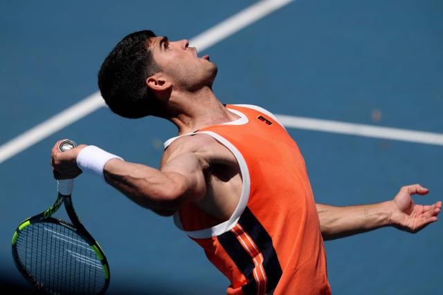 Spain's Carlos Alcaraz attends a practice session ahead of the 2026 Australian Open tennis tournament in Melbourne on January 17, 2026. (Photo by DAVID GRAY / AFP)