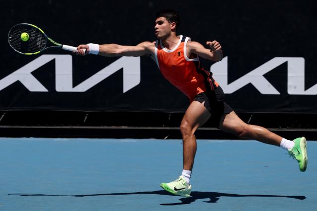 Spain's Carlos Alcaraz attends a practice session ahead of the 2026 Australian Open tennis tournament in Melbourne on January 17, 2026. (Photo by DAVID GRAY / AFP)