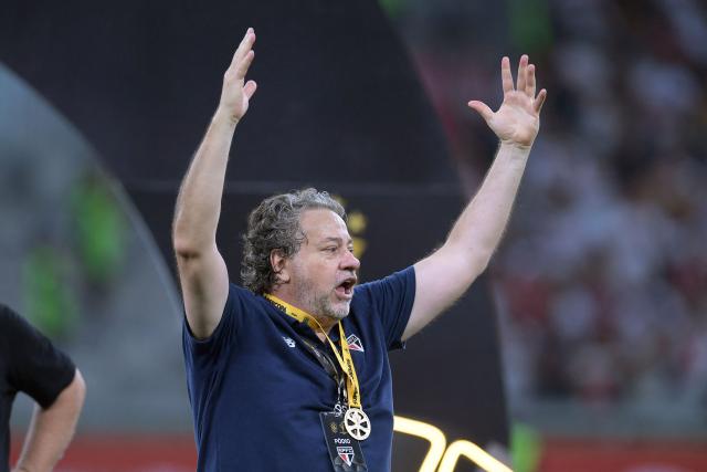 (FILES) President of Sao Paulo Julio Casares celebrates defeating Palmeiras during the Brazilian Super Cup football final between Palmeiras and Sao Paulo at the Mineirao stadium in Belo Horizonte, Brazil, on February 4, 2024. Brazilian side Sao Paulo dismissed its president, Julio Casares, on January 16, after police opened an investigation into allegations of misappropriation of funds from the institution. (Photo by DOUGLAS MAGNO / AFP)