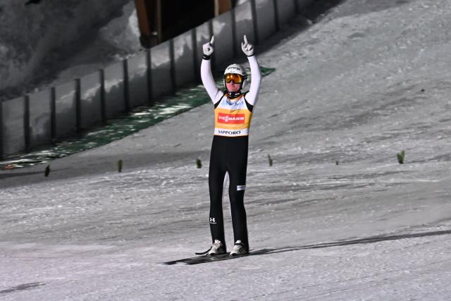 Slovenia's Domen Prevc reacts after his second jump in the individual large hill HS137 competition on the second day of men's FIS Ski Jumping World Cup competition in Sapporo on January 17, 2026. (Photo by Toshifumi KITAMURA / AFP)