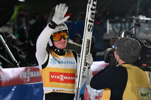 Slovenia's Domen Prevc reacts after his second jump in the individual large hill HS137 competition on the second day of men's FIS Ski Jumping World Cup competition in Sapporo on January 17, 2026. (Photo by Toshifumi KITAMURA / AFP)