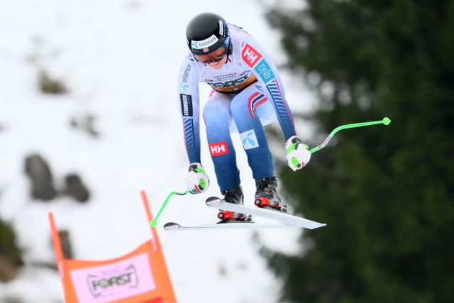 Norway's Marte Monsen competes during the Women's Downhill event of FIS Alpine Skiing World Cup in Tarvisio, Italy on January 17, 2026. (Photo by Marco BERTORELLO / AFP)
