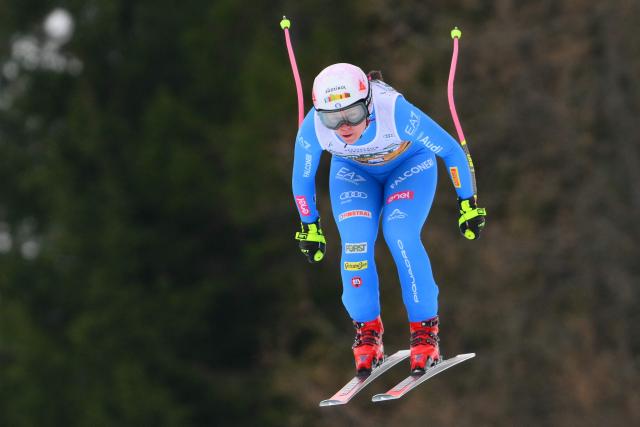 Italy's Nicol Delago competes during the Women's Downhill event of FIS Alpine Skiing World Cup in Tarvisio, Italy on January 17, 2026. (Photo by Marco BERTORELLO / AFP)