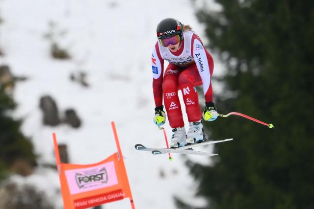 Austria's Nina Ortlieb competes during the Women's Downhill event of FIS Alpine Skiing World Cup in Tarvisio, Italy on January 17, 2026. (Photo by Marco BERTORELLO / AFP)