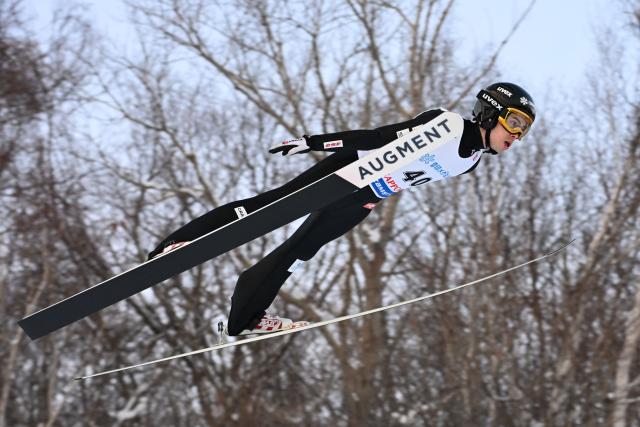 France's Valentin Foubert performs his first jump in the individual large hill HS137 competition on the second day of men's FIS Ski Jumping World Cup competition in Sapporo on January 17, 2026. (Photo by Toshifumi KITAMURA / AFP)