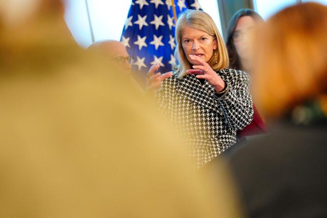 US Senator Lisa Murkowski from the Republican Party speaks during a press conference with an American delegation, consisting of senators and members of the House of Representatives, in Copenhagen, on January 17, 2026. A bipartisan US Congress delegation visited Copenhagen to voice support for Denmark and Greenland, insisting that US President Donald Trump's designs on the Arctic island did not have the backing of the American people. The two-day visit comes alongside a European show of support in the form of a military reconnaissance mission to Greenland, a Danish autonomous territory. (Photo by Ida Marie Odgaard / Ritzau Scanpix / AFP) / Denmark OUT