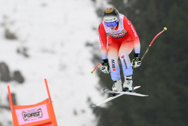 Switzerland's Delia Durrer competes during the Women's Downhill event of FIS Alpine Skiing World Cup in Tarvisio, Italy on January 17, 2026. (Photo by Marco BERTORELLO / AFP)