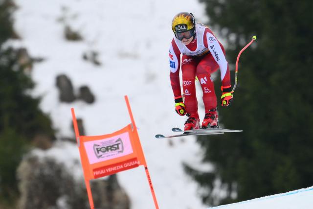 Austria's Christina Ager competes during the Women's Downhill event of FIS Alpine Skiing World Cup in Tarvisio, Italy on January 17, 2026. (Photo by Marco BERTORELLO / AFP)