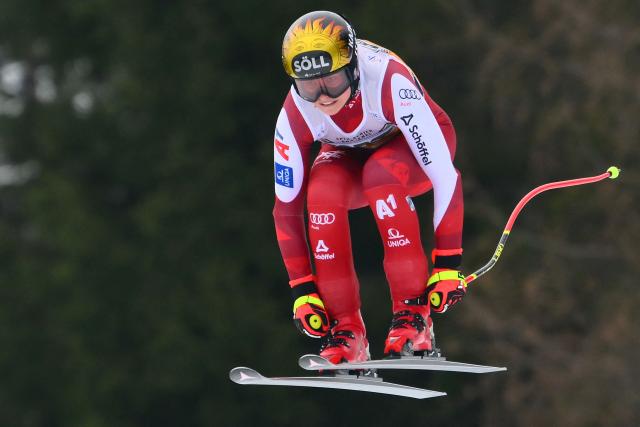 Austria's Christina Ager competes during the Women's Downhill event of FIS Alpine Skiing World Cup in Tarvisio, Italy on January 17, 2026. (Photo by Marco BERTORELLO / AFP)