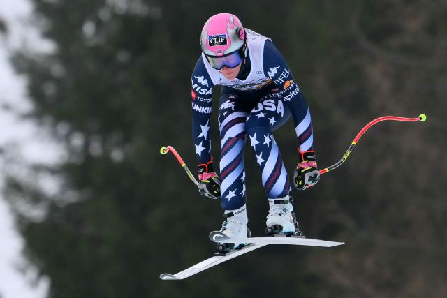 US' Keely Cashman competes during the Women's Downhill event of FIS Alpine Skiing World Cup in Tarvisio, Italy on January 17, 2026. (Photo by Marco BERTORELLO / AFP)