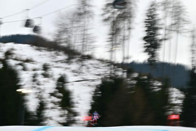 France's Camille Cerutti competes during the Women's Downhill event of FIS Alpine Skiing World Cup in Tarvisio, Italy on January 17, 2026. (Photo by Marco BERTORELLO / AFP)