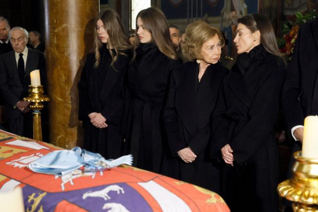 (From R) Spain's Queen Letizia, former Queen Sofia, Princess Leonor and Princess Sofia attend a memorial service for Princess Irene of Greece at the Greek Orthodox Cathedral of Saint Andrew and Saint Demetrius on January 17, 2026 in Madrid. Princess Irene of Greece, maternal aunt of King Felipe VI of Spain, died on January 15, 2026 at the age of 83, the Royal Household announced in a statement. Born on May 11, 1942, in Cape Town, South Africa, Princess Irene of Greece was the younger sister of Queen Sofía, whose husband, Juan Carlos, abdicated in 2014 in favor of his son, Felipe VI. (Photo by Andres BALLESTEROS / POOL / AFP)