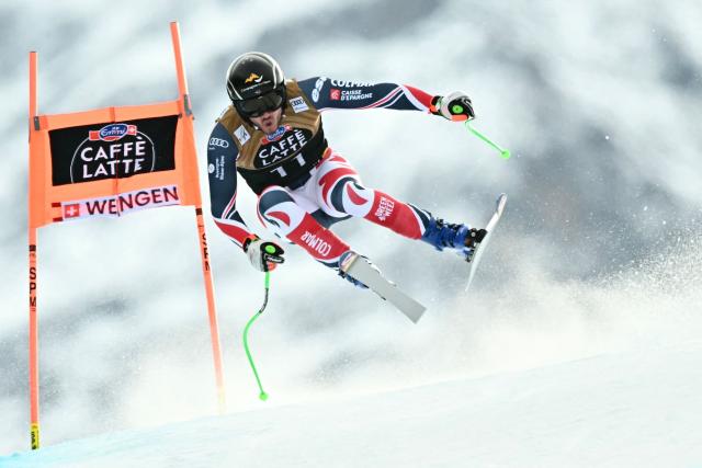 France's Nils Allegre competes in the men's Alpine downhill race of the FIS Alpine Skiing World Cup in Wengen, on January 17, 2026. (Photo by Fabrice COFFRINI / AFP)