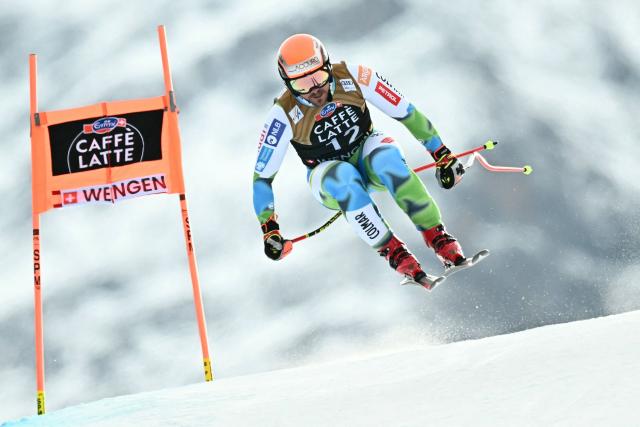 Slovenia's Miha Hrobat competes in the men's Alpine downhill race of the FIS Alpine Skiing World Cup in Wengen, on January 17, 2026. (Photo by Fabrice COFFRINI / AFP)