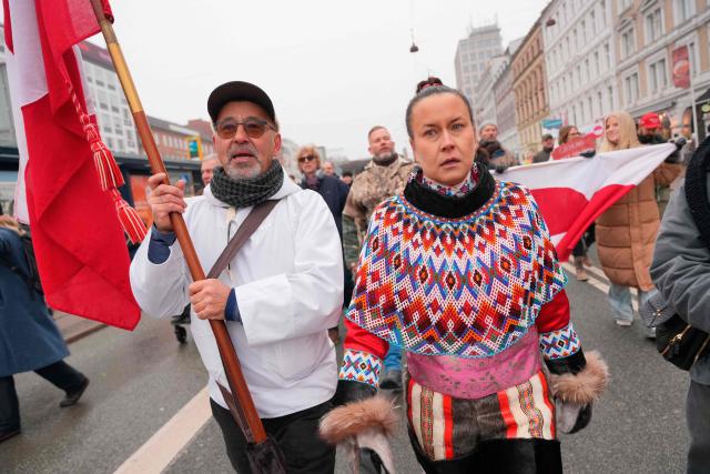 Protesters march during a rally under the slogans 'hands off Greenland' and 'Greenland for Greenlanders', heading to the US embassy in Copenhagen, Denmark on January 17, 2026. (Photo by Emil Helms / Ritzau Scanpix / AFP) / Denmark OUT