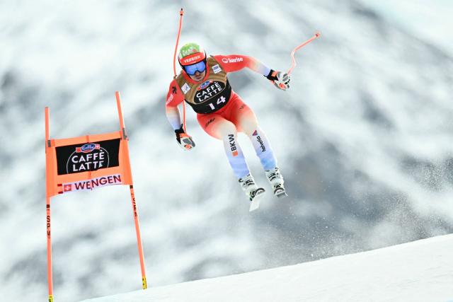 Switzerland's Justin Murisier competes in the men's Alpine downhill race of the FIS Alpine Skiing World Cup in Wengen, on January 17, 2026. (Photo by Fabrice COFFRINI / AFP)