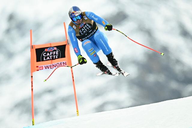 Italy's Dominik Paris competes in the men's Alpine downhill race of the FIS Alpine Skiing World Cup in Wengen, on January 17, 2026. (Photo by Fabrice COFFRINI / AFP)