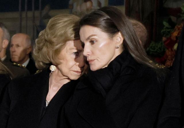Spain's former Queen Sofia (L) and Queen Letizia attend a memorial service for Princess Irene of Greece at the Greek Orthodox Cathedral of Saint Andrew and Saint Demetrius on January 17, 2026 in Madrid. Princess Irene of Greece, maternal aunt of King Felipe VI of Spain, died on January 15, 2026 at the age of 83, the Royal Household announced in a statement. Born on May 11, 1942, in Cape Town, South Africa, Princess Irene of Greece was the younger sister of Queen Sofía, whose husband, Juan Carlos, abdicated in 2014 in favor of his son, Felipe VI. (Photo by Andres BALLESTEROS / POOL / AFP)