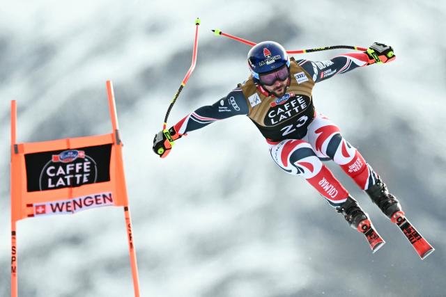 France's Maxence Muzaton competes in the men's Alpine downhill race of the FIS Alpine Skiing World Cup in Wengen, on January 17, 2026. (Photo by Fabrice COFFRINI / AFP)