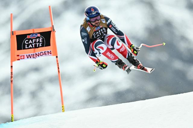 France's Maxence Muzaton competes in the men's Alpine downhill race of the FIS Alpine Skiing World Cup in Wengen, on January 17, 2026. (Photo by Fabrice COFFRINI / AFP)