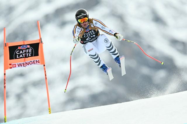 Germany's Romed Baumann competes in the men's Alpine downhill race of the FIS Alpine Skiing World Cup in Wengen, on January 17, 2026. (Photo by Fabrice COFFRINI / AFP)