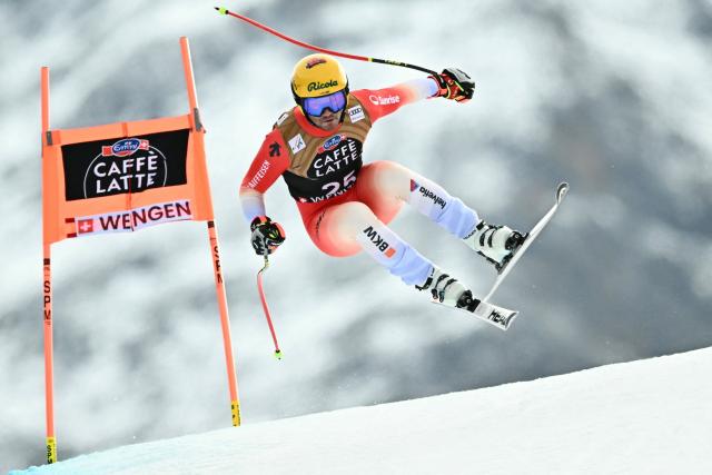 Switzerland's Alessio Miggiano competes in the men's Alpine downhill race of the FIS Alpine Skiing World Cup in Wengen, on January 17, 2026. (Photo by Fabrice COFFRINI / AFP)