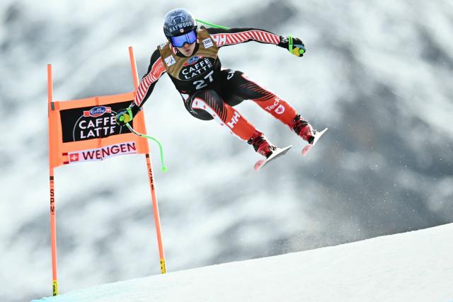 Canada's Brodie Seger competes in the men's Alpine downhill race of the FIS Alpine Skiing World Cup in Wengen, on January 17, 2026. (Photo by Fabrice COFFRINI / AFP)