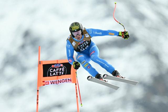 Italy's Giovanni Franzoni competes in the men's Alpine downhill race of the FIS Alpine Skiing World Cup in Wengen, on January 17, 2026. (Photo by Fabrice COFFRINI / AFP)