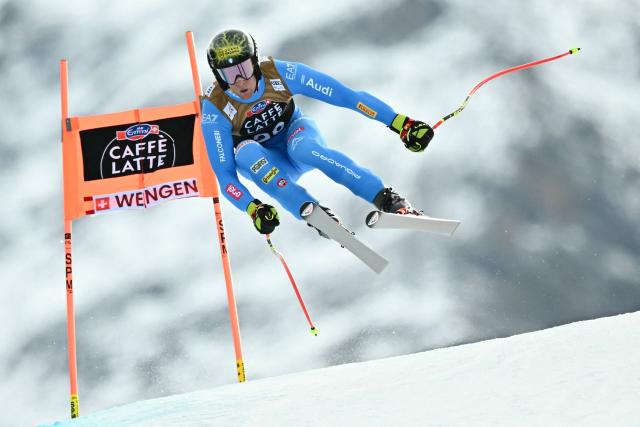 Italy's Giovanni Franzoni competes in the men's Alpine downhill race of the FIS Alpine Skiing World Cup in Wengen, on January 17, 2026. (Photo by Fabrice COFFRINI / AFP)