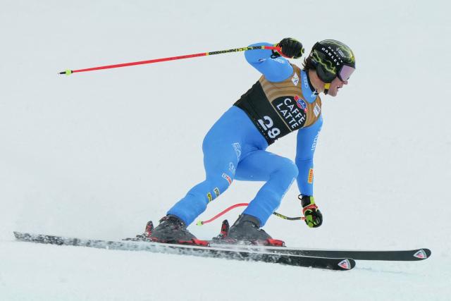 Italy's Giovanni Franzoni reacts in the finish area of the men's Alpine downhill race of the FIS Alpine Skiing World Cup in Wengen, on January 17, 2026. (Photo by Dimitar DILKOFF / AFP)