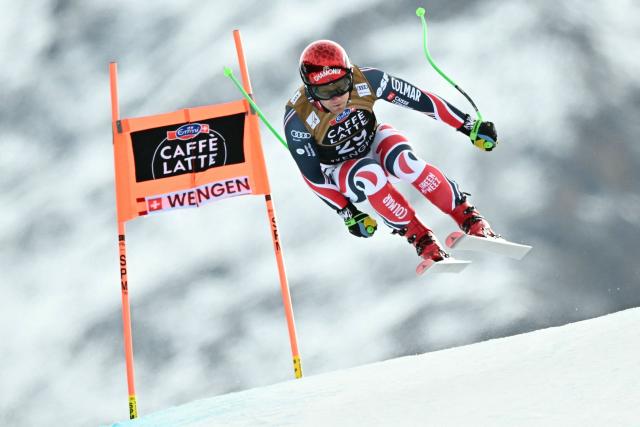 France's Blaise Giezendanner competes in the men's Alpine downhill race of the FIS Alpine Skiing World Cup in Wengen, on January 17, 2026. (Photo by Fabrice COFFRINI / AFP)