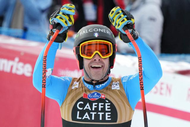 Italy's Christof Innerhofer reacts in the finish area of the men's Alpine downhill race of the FIS Alpine Skiing World Cup in Wengen, on January 17, 2026. (Photo by Dimitar DILKOFF / AFP)