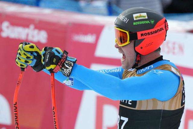 Italy's Christof Innerhofer reacts in the finish area of the men's Alpine downhill race of the FIS Alpine Skiing World Cup in Wengen, on January 17, 2026. (Photo by Dimitar DILKOFF / AFP)