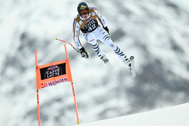 Germany's Simon Jocher competes in the men's Alpine downhill race of the FIS Alpine Skiing World Cup in Wengen, on January 17, 2026. (Photo by Fabrice COFFRINI / AFP)