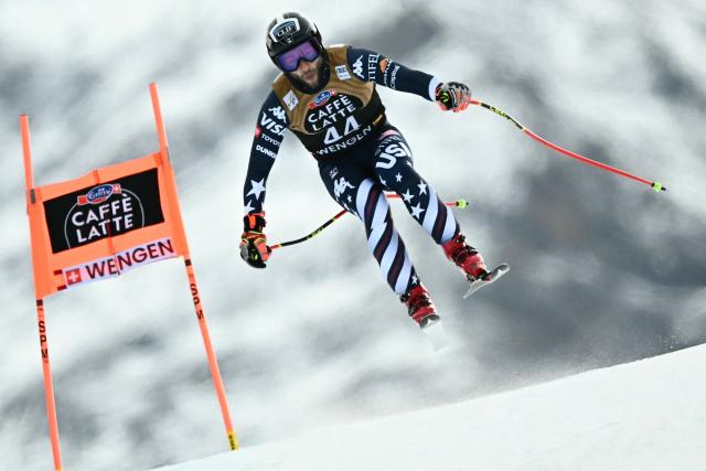 US' Kyle Negomir competes in the men's Alpine downhill race of the FIS Alpine Skiing World Cup in Wengen, on January 17, 2026. (Photo by Fabrice COFFRINI / AFP)