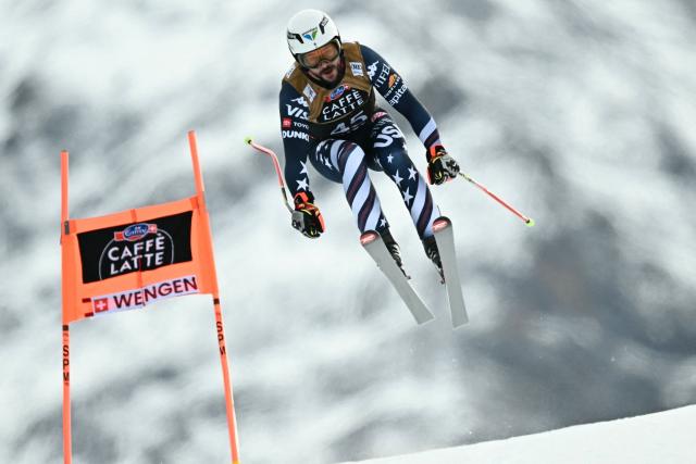 US' Jared Goldberg competes in the men's Alpine downhill race of the FIS Alpine Skiing World Cup in Wengen, on January 17, 2026. (Photo by Fabrice COFFRINI / AFP)