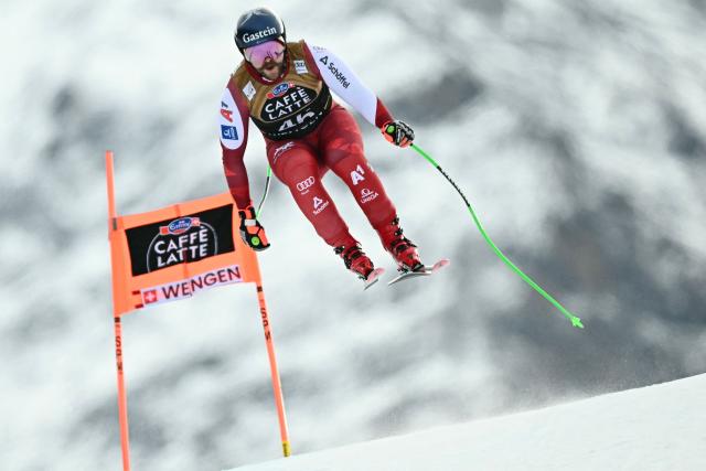 Austria's Stefan Rieser competes in the men's Alpine downhill race of the FIS Alpine Skiing World Cup in Wengen, on January 17, 2026. (Photo by Fabrice COFFRINI / AFP)